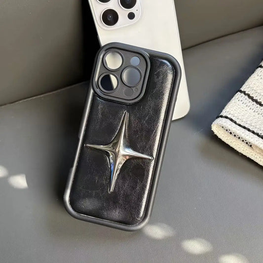 Luxury Metal Star PU Leather Phone Cover Case For iPhone 16 15 14 13 12 11 Pro Max Shockproof Protective Men Women Stylish Cases