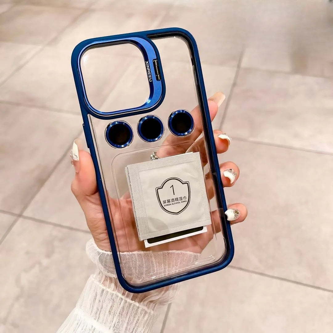 Camera Metal Ring Stand Phone Case For IPhone 15 14 Pro Max 15pro Lens Glass Protection Transparent Phone Cover