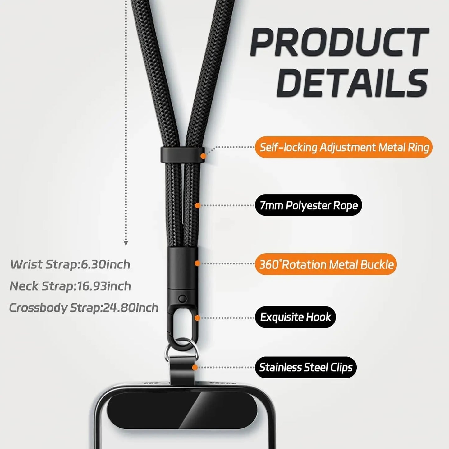 Lanyard - Adjustable Phone Strap Clip Holder for All Phone Case 7mm Thick (Neck & Shoulder & Crossbody / Wrist)