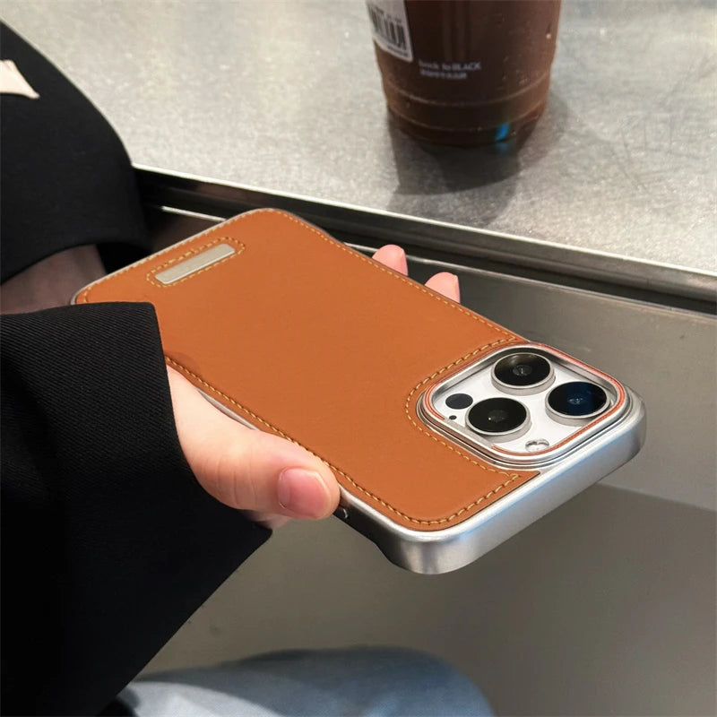 Phone Case Luxury Matte PU Leather Frameless For iPhone 16 15 14 13 12 Pro Max Plus Metal Lens Protection Shockproof Back Cover