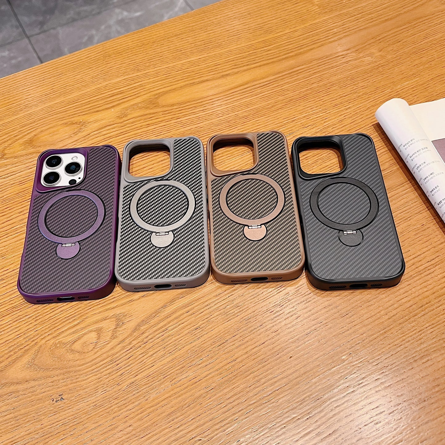 Luxury Soft Rubber Frame Magsafe Phone Case For iPhone 13 15 12 14 16 Pro Max Metal Bracket Carbon Fiber Textured Backplate Case