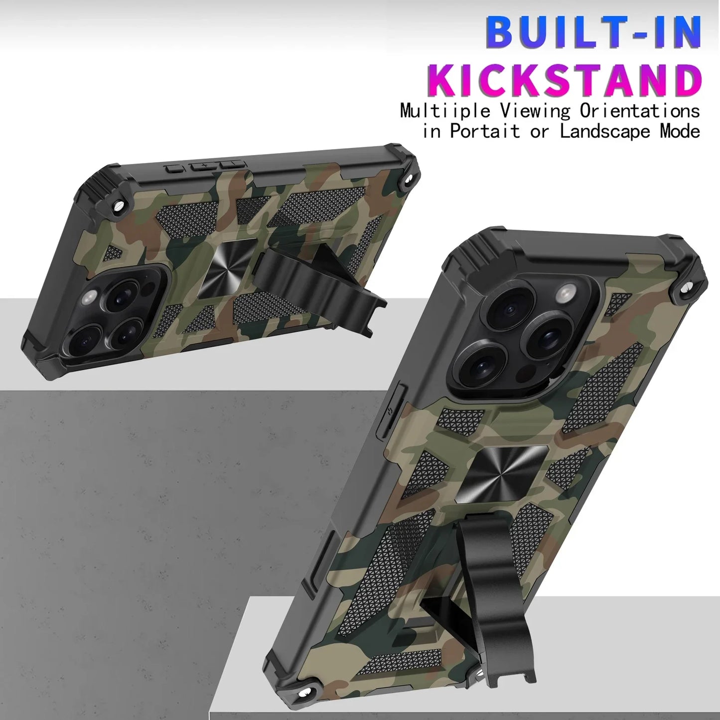 Military Camouflage Armor Shockproof Case For iPhone 11 12 13 14 15 16 Pro Max Xs XR SE 2020 2022 8 7 Plus Kickstand Phone Cover - Caseverse