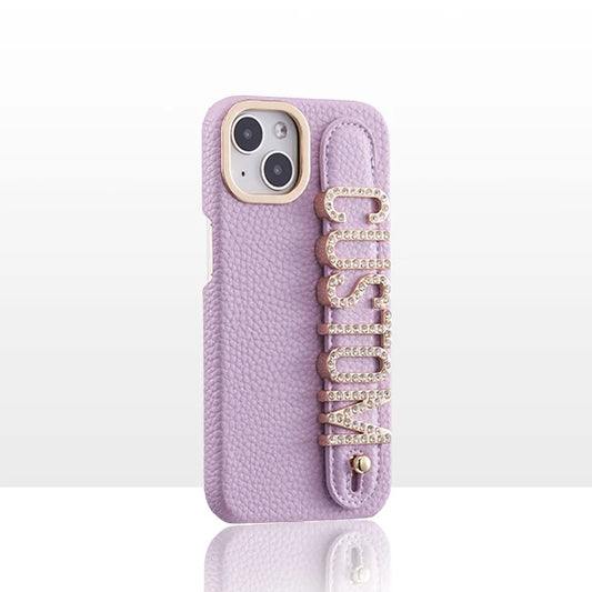 Leather Phone Case Custom Name Wristband Metal Gold Letters Personalized Cover for iPhone16 15 14 13 12 11ProMax 15 16plus