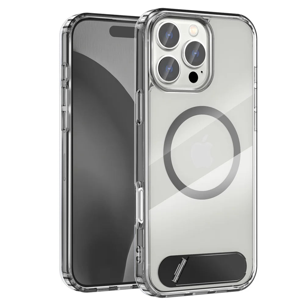 Luxury Metal Stand Clear Magnetic Phone Case For iPhone 16 13 14 15 Pro Max Folding Invisible Bracket Shockproof Protector Cover