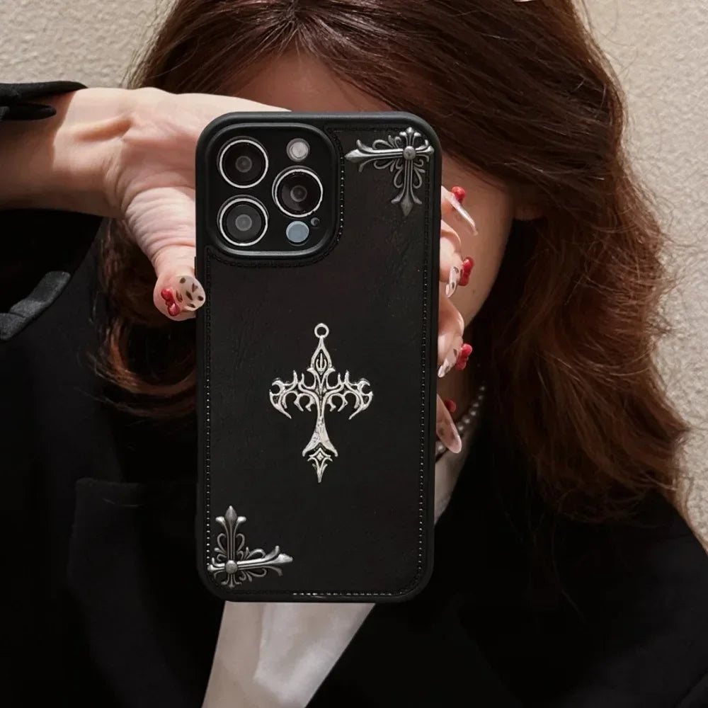 Leather Phone Case for IPhone 16 15 14 13 12 11 Pro Max Luxury Gothic High Grade Fashion Trends 3D Metal Cross Protection Cover