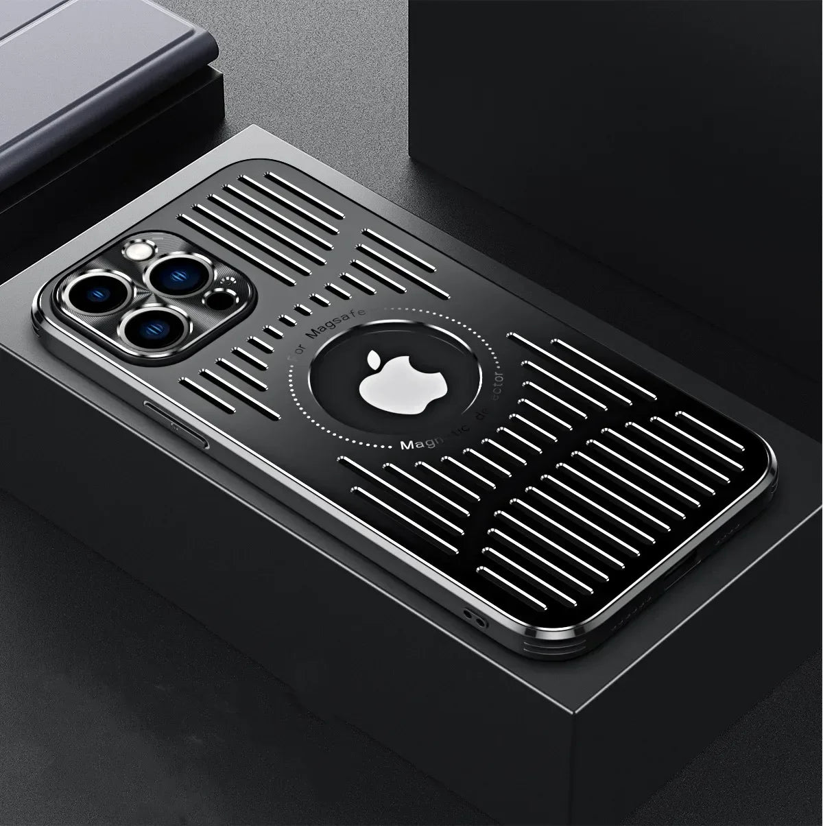 Fashion Metal Heat Dissipation Magnetic Magsafe Case for iPhone 14 16 Pro Max 13 12 15 16 Pro Logo Hole Wireless Charging Cover