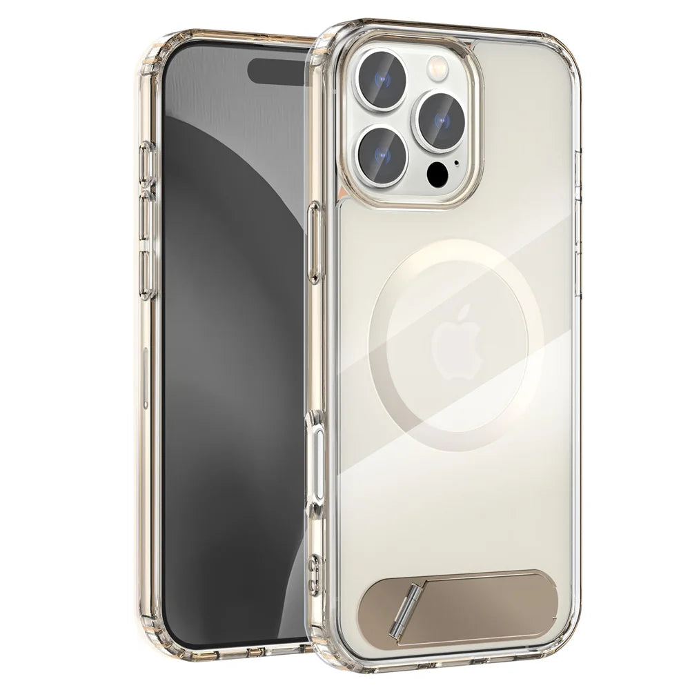 Luxury Metal Stand Clear Magnetic Phone Case For iPhone 16 13 14 15 Pro Max Folding Invisible Bracket Shockproof Protector Cover