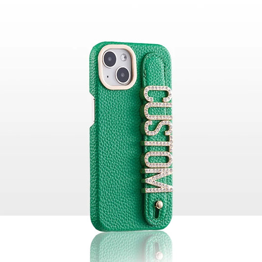Leather Phone Case Custom Name Wristband Metal Gold Letters Personalized Cover for iPhone16 15 14 13 12 11ProMax 15 16plus