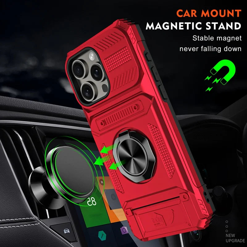Military level armor card holder ring stand phone case for iPhone 16 15 14 13 Pro Max car phone magnetic shockproof hard cover - Caseverse