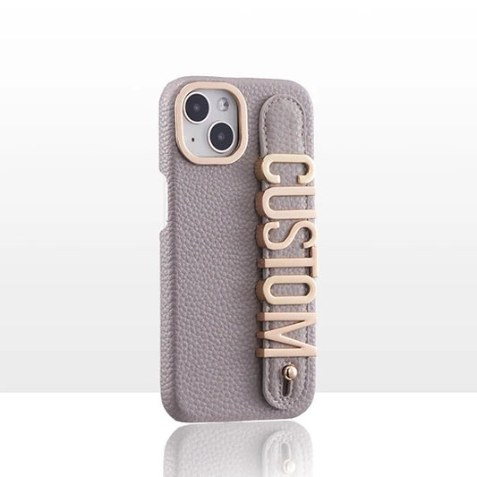 Leather Phone Case Custom Name Wristband Metal Gold Letters Personalized Cover for iPhone16 15 14 13 12 11ProMax 15 16plus