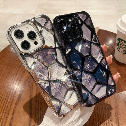 Plating Glitter Diamond Pattern Colorful Marble Phone Case For iPhone 15 13 11 12 14 Pro Max Soft Silicone Transparent Cover