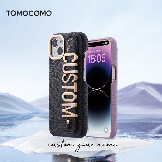 Leather Phone Case Custom Name Wristband Metal Gold Letters Personalized Cover for iPhone16 15 14 13 12 11ProMax 15 16plus