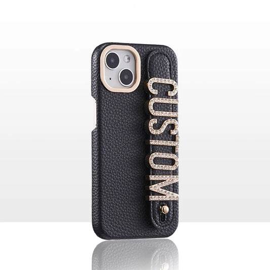 Leather Phone Case Custom Name Wristband Metal Gold Letters Personalized Cover for iPhone16 15 14 13 12 11ProMax 15 16plus