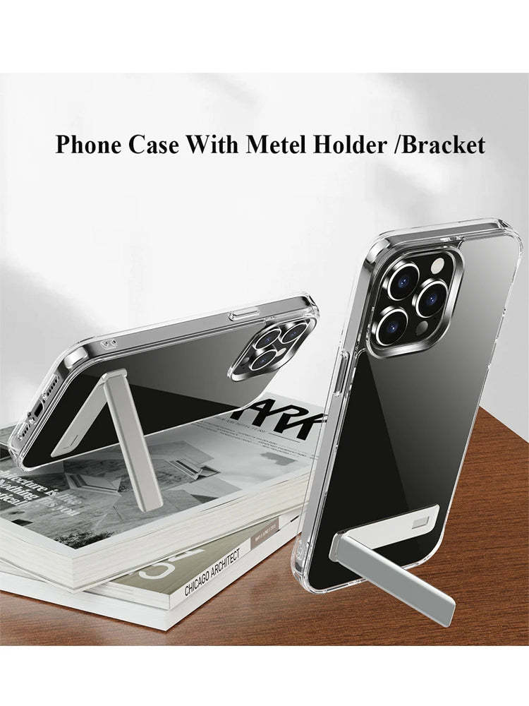 Transparent Phone Case With Metal Kickstand Holder for iPhone 16 15 14 Pro Max 13 12 11 Mini Plus Phone Back Cover - Caseverse
