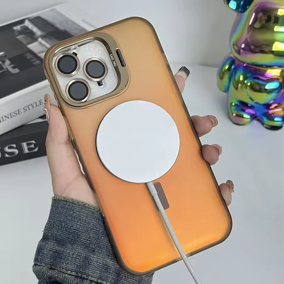 Gradient Metal Lens Holder Magsafe Phone Case for IPhone 16 15 14 Plus 13 12 Pro Max Back Lens Glass Film Matte PC Hard Cover