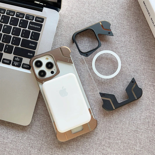 Magnetic Titanium Metal Transparent No Frame Phone Case For iPhone 16 Pro Max 16  Plus For Magsafe Aluminum Bumper Armor Cover
