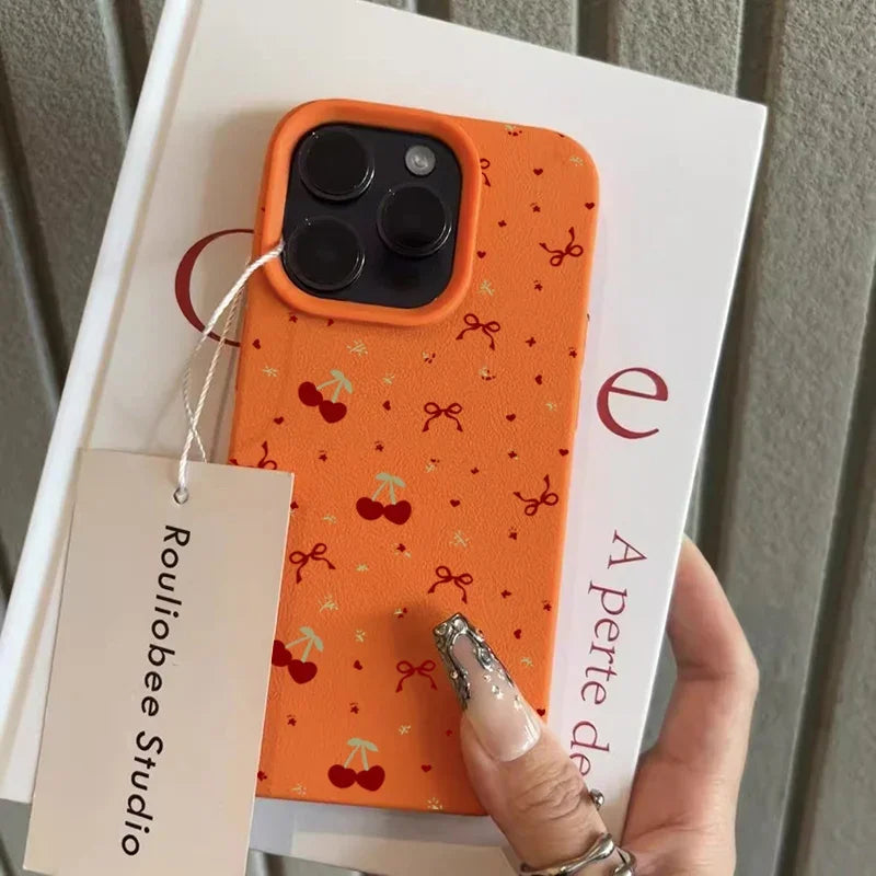 For iPhone 16 15 14 13 12 11 Pro Max Case Cherry Bow Lichee Pattern Silicone Phone Cover For iPhone XS Max 14 15 16 Plus Fundas - Caseverse