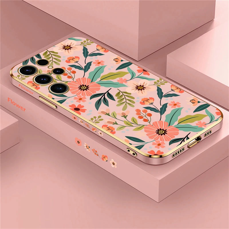S24 Plus Luxury Plating Phone Case For Samsung Galaxy S24 Ultra S24 5G A25 A24 A15 Shockproof Flowers Pattern Back Cover Coque - Caseverse