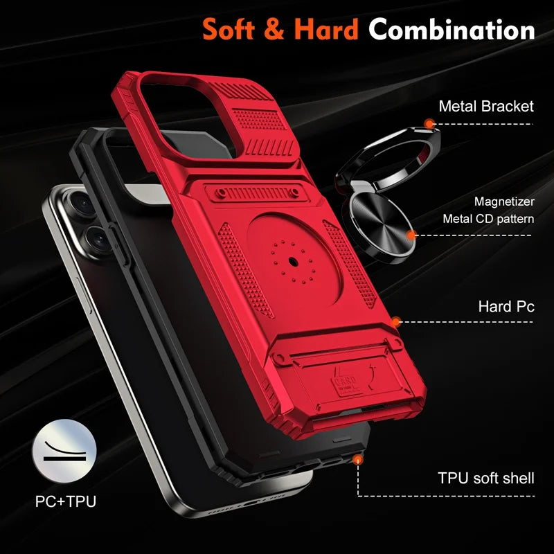 Military level armor card holder ring stand phone case for iPhone 16 15 14 13 Pro Max car phone magnetic shockproof hard cover - Caseverse