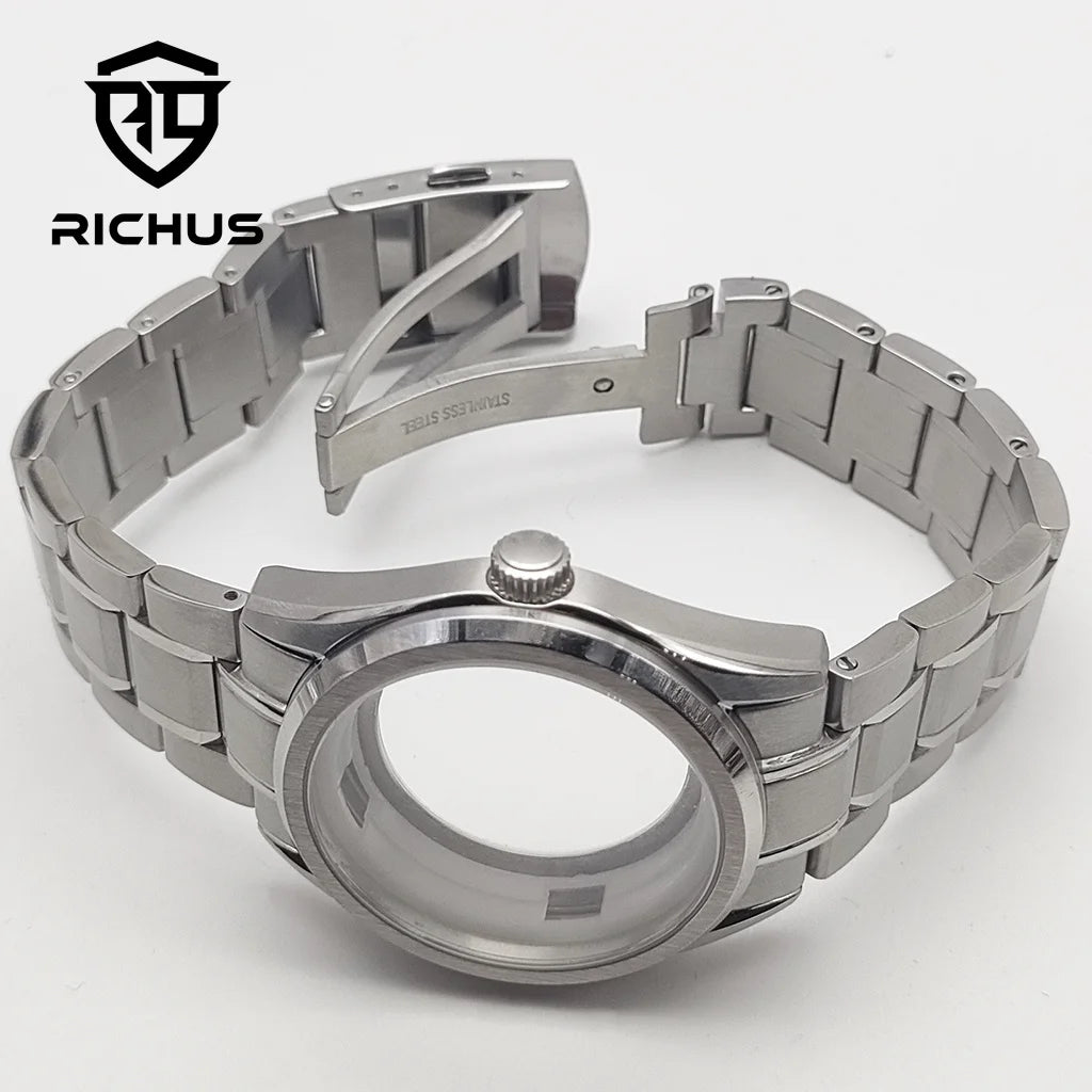 RICHUS NH35 Watch case 40mm silver watch case sapphire glass with strap Fit NH34 NH35 NH36 Movement