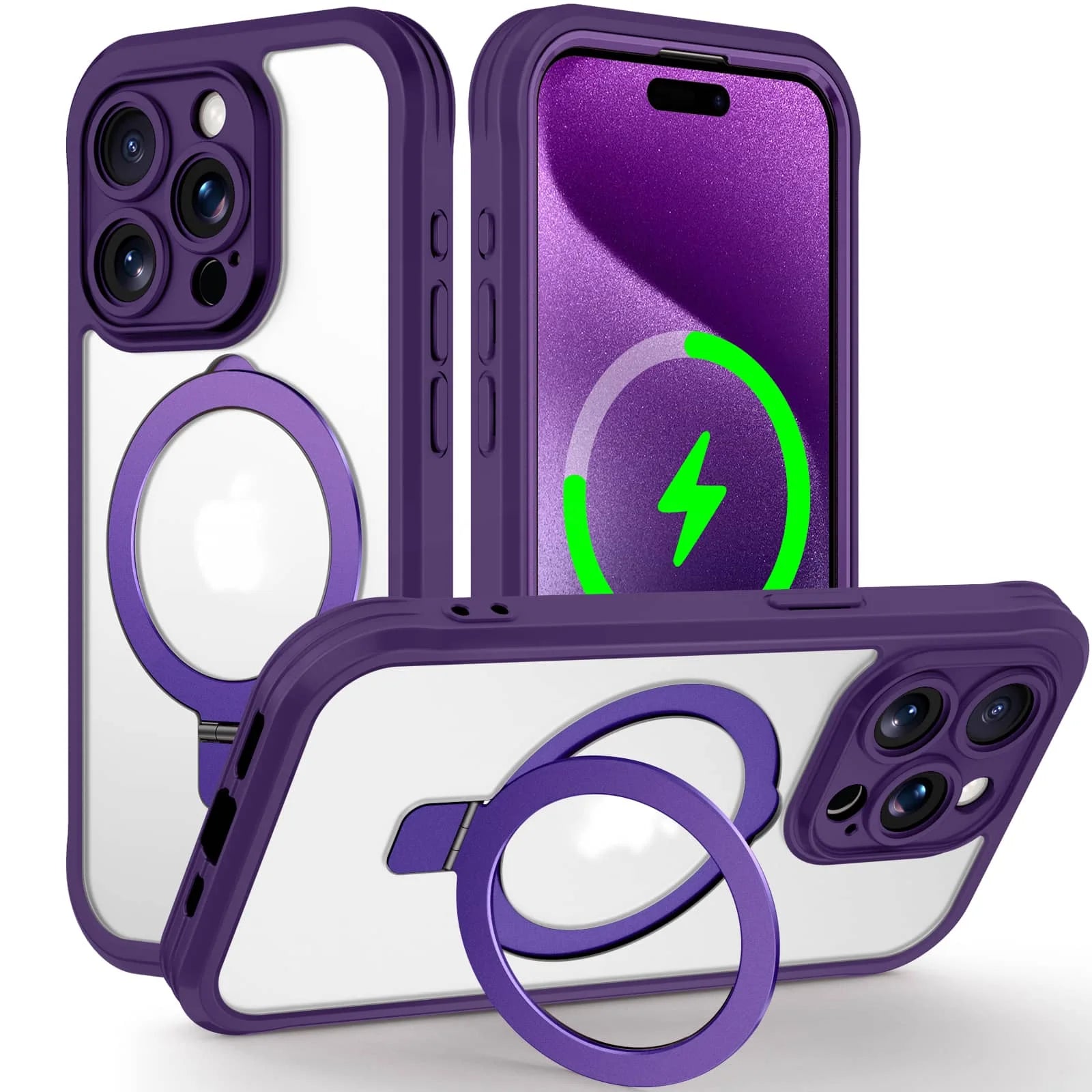 Case for iPhone 16/15/14/13 Pro Max 16 15 14 Plus, Built-in PET Screen Protector with Ring Holder Kickstand, Full Body Cover - Caseverse