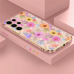 S24 Plus Luxury Plating Phone Case For Samsung Galaxy S24 Ultra S24 5G A25 A24 A15 Shockproof Flowers Pattern Back Cover Coque