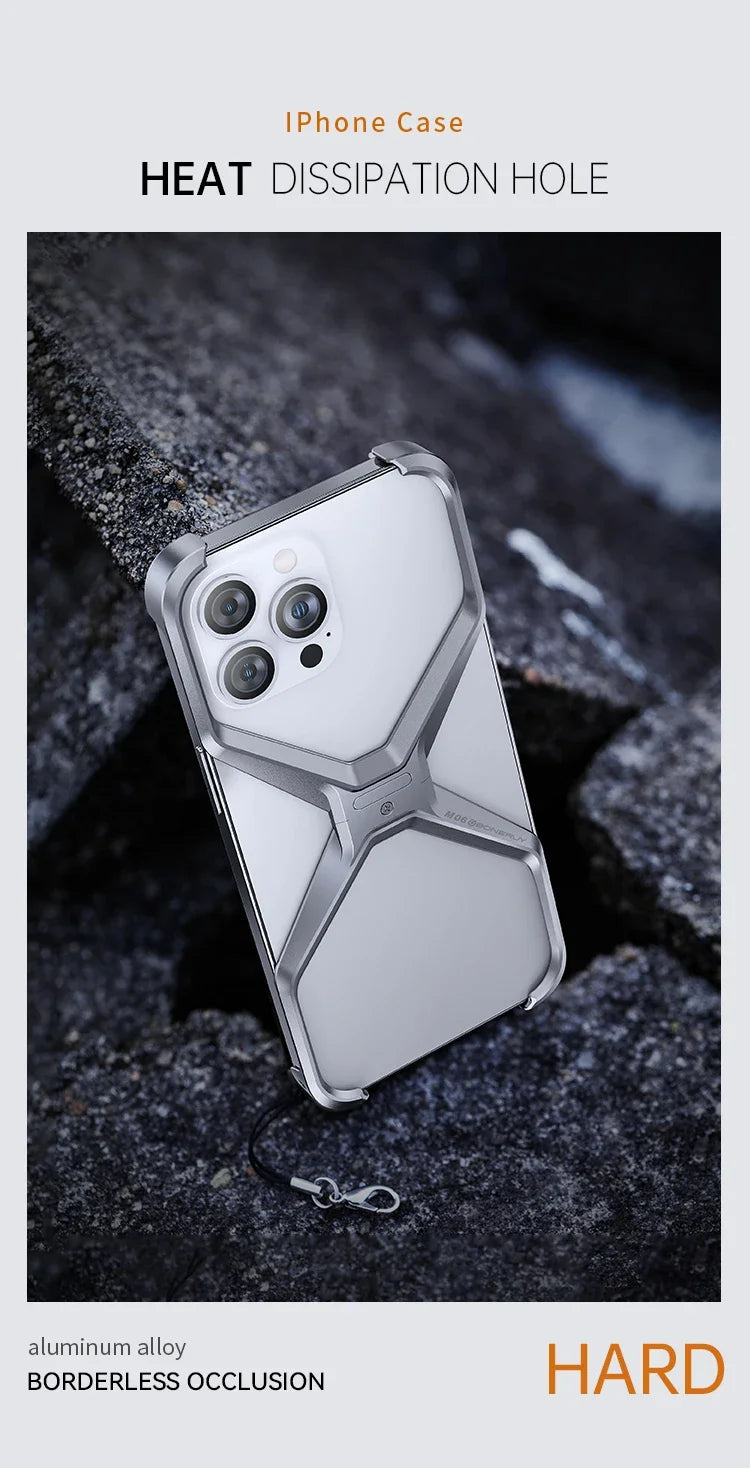 Metal Rimless Phone Case For iPhone 13 14 15 Pro Max Aluminum Removable Heat Dissipation Armor Phone Cover For IPHON 15 Promax