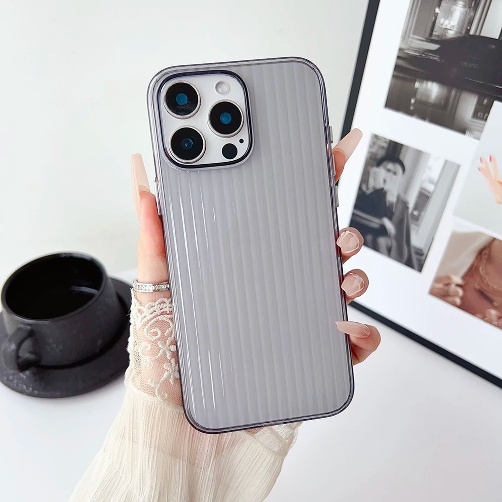 Metal Button Key Vertical Stripe Corrugated Clear Phone Case for IPhone 13 14 15 16 Pro Max Shockproof PC Protective Back Cover
