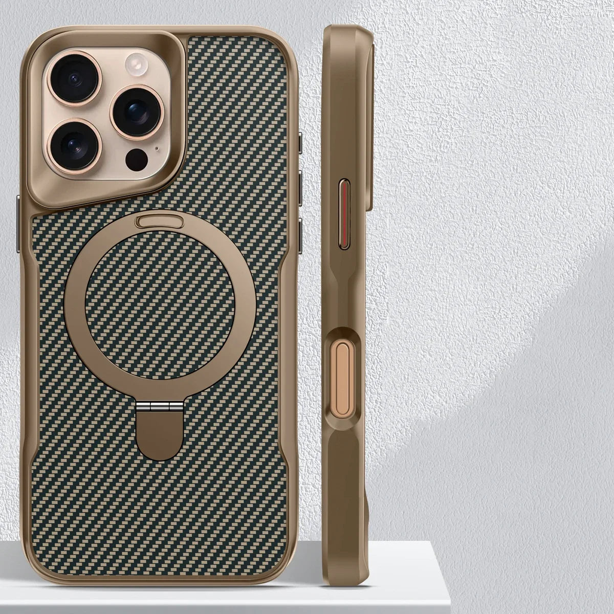 Desert Titanium metal holder carbon fibre magnetic phone case for iPhone 16 15 14 13 12 Pro Max magsafe charging armor hard case - Caseverse