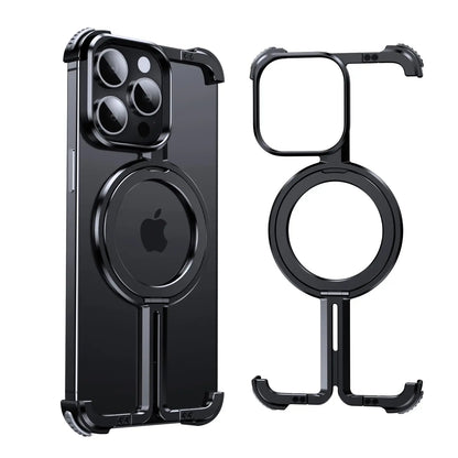 Luxury Magsafe Magnetic Metal Rimless Stand Phone Case For iPhone 16 15 14 13 Pro Max Plus Aluminum Alloy Shockproof Metal Cover