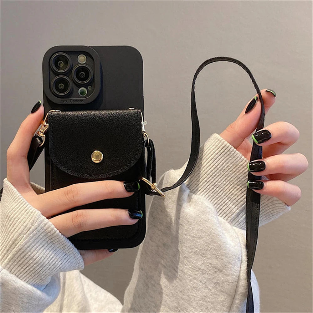 Wallet Leather Crossbody Neckband Lanyard Phone Case for iPhone 15 14 11 12 13 Pro Max X XS XR 7 8 Plus Luxury Card Holder Cover - Caseverse