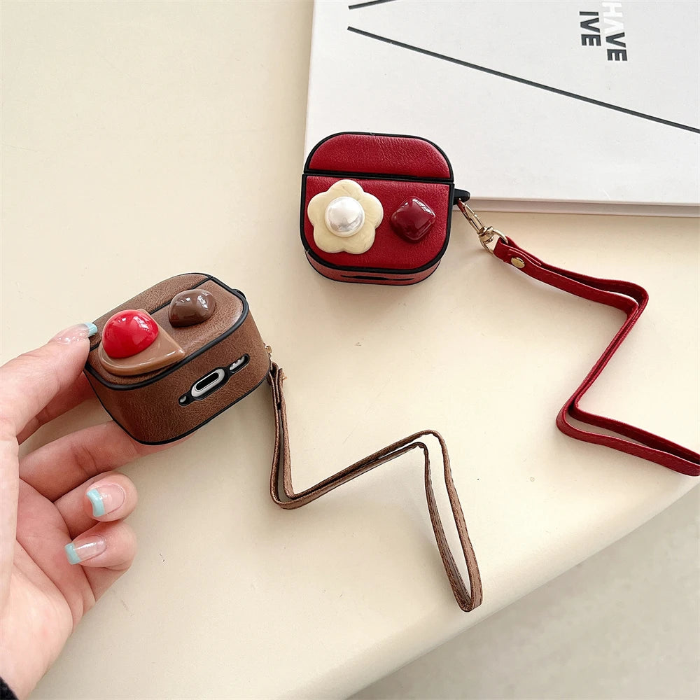 Retro PU Leather Flower Diamond Earpods Case for Apple Airpods 3 Pro2 Gemstone Wrist Strap Wireless Earphone Cover for Airpods 4
