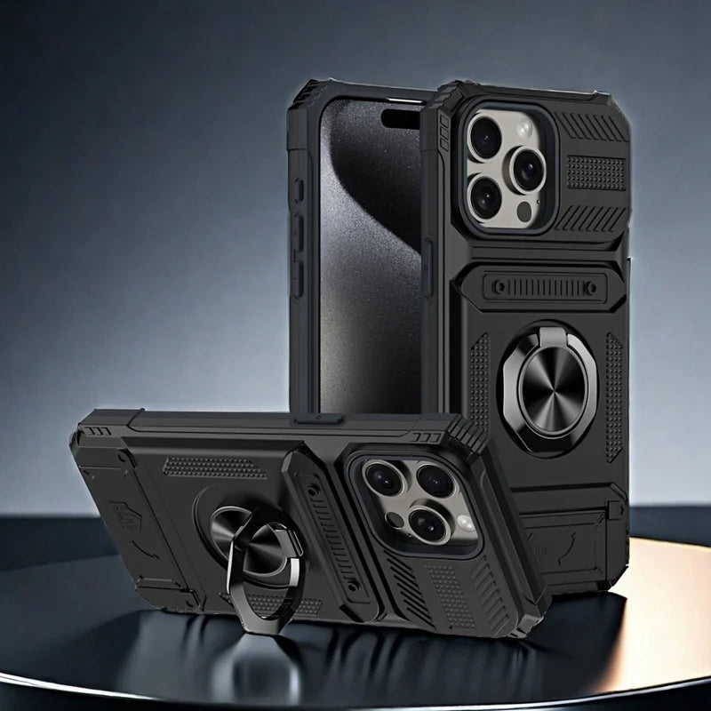 Military level armor card holder ring stand phone case for iPhone 16 15 14 13 Pro Max car phone magnetic shockproof hard cover - Caseverse