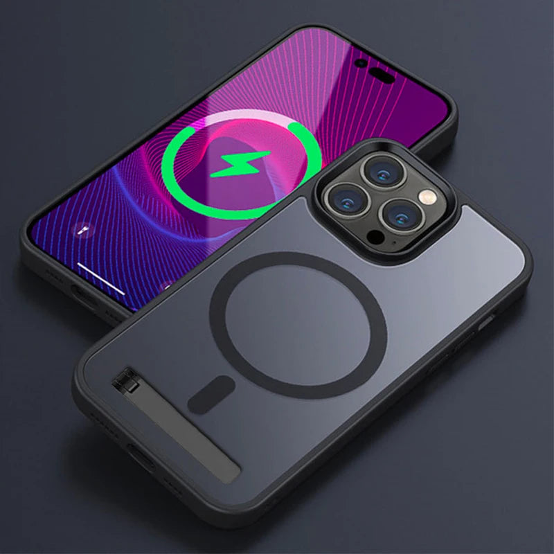 Magnetic Phone Case with Metal Stand for iPhone 16 15 14 13 12 Pro Max Plus Translucent Mobile Cases Military Grade Back Cover