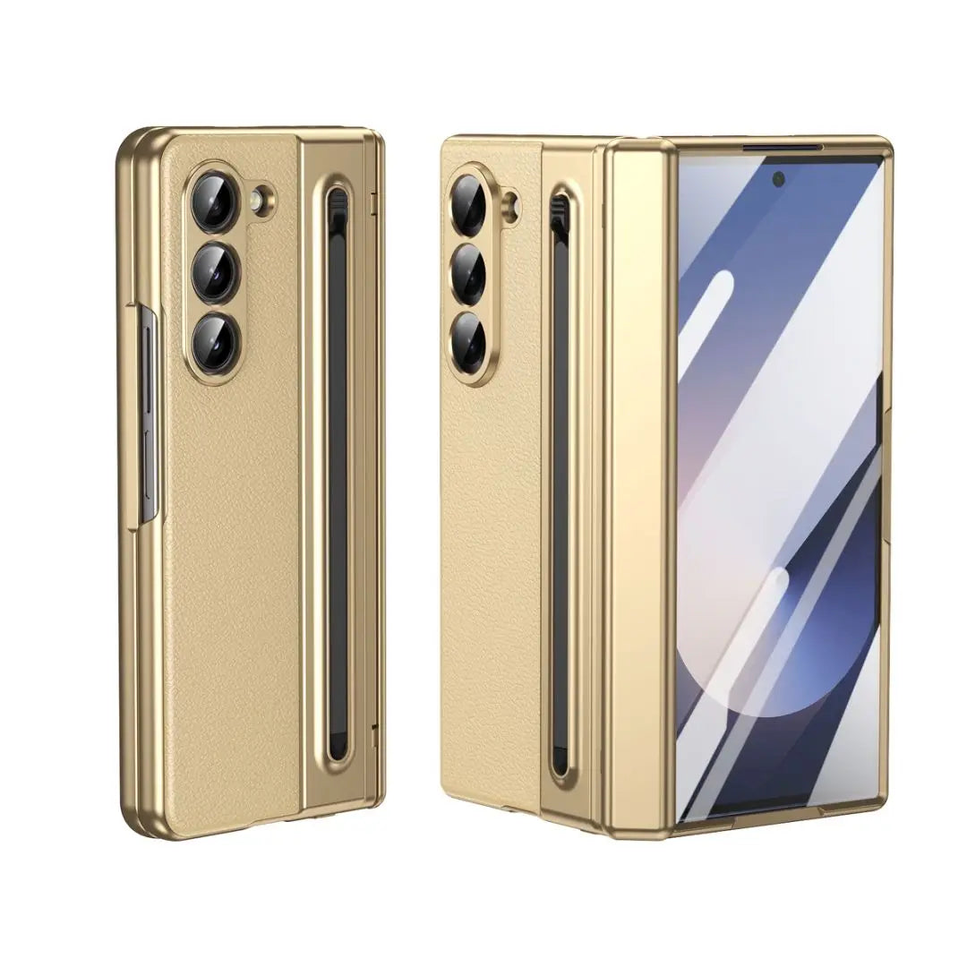 For Galaxy Fold6 S Pen Leather Phone Case Hinge Protection & Built-in Screen Protector Leather Phone Cover for Fold5 Fold4 Black - Caseverse