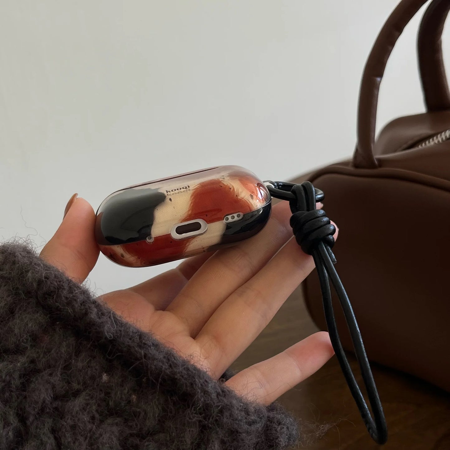 Black Brown Block Splash Ink + Rope Suitable for Apple for Airpodspro2 Case/For Airpodspro Case/For Airpods4 Case/For Airpods3 Case/For Airpods2 Case/Fashion Earphone Case/Simple Earphone Case