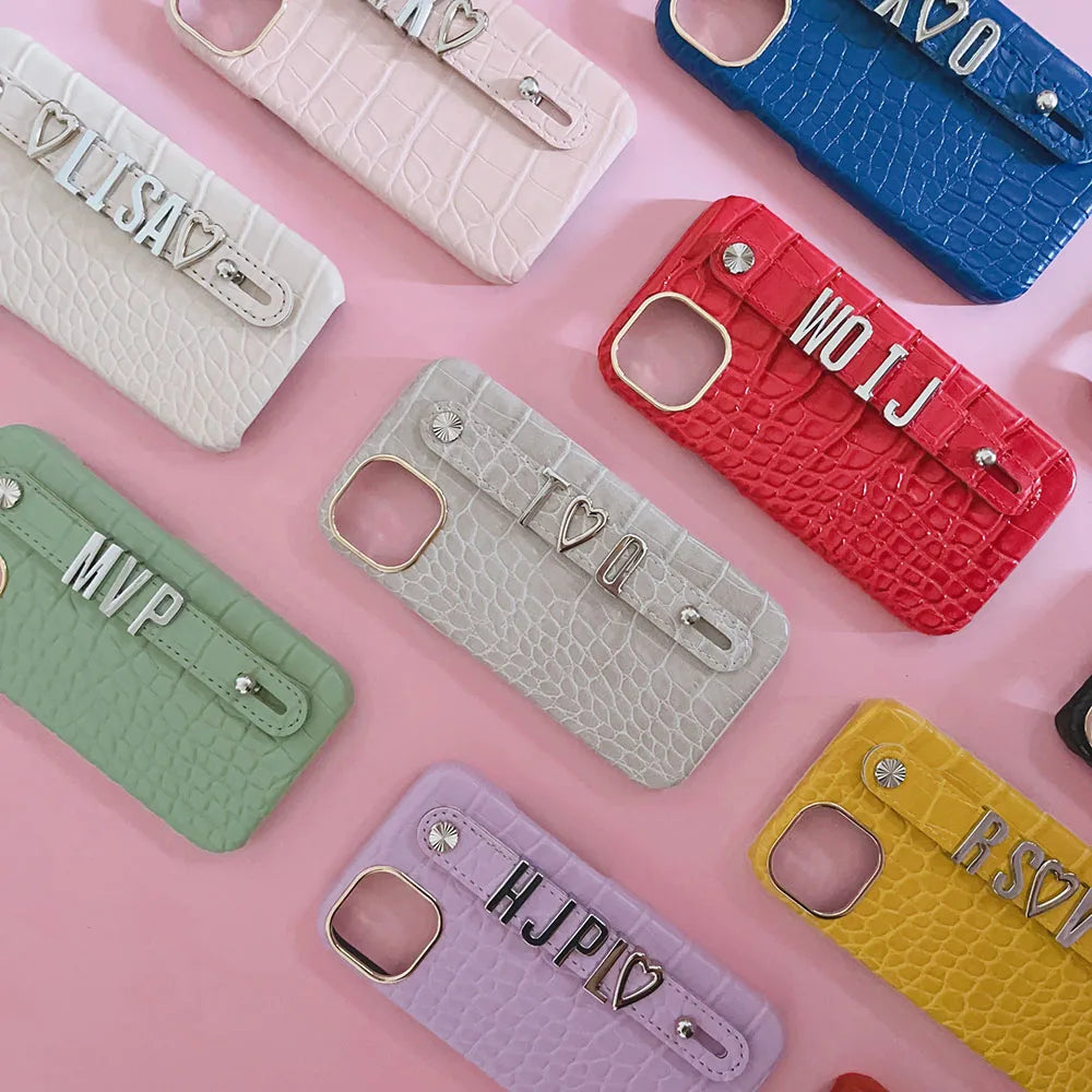 Luxury Custom Personalised Name Silver Metal Letter Charm Leather Phone Cases For Iphone 14 13 12 11 15 Pro Max 16 pro max Cover