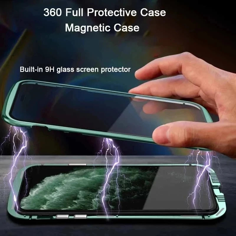 360°Full Protection Metal Magnetic Phone Case For IPhone 16 Pro Max 14 13 12 11 15 Pro Max X XS XR Plus Double-Sided Glass Cover - Caseverse