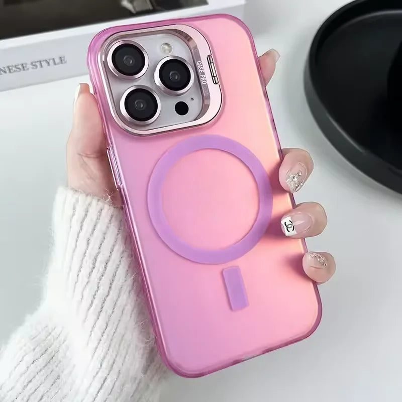 Gradient Metal Lens Holder Magsafe Phone Case for IPhone 16 15 14 Plus 13 12 Pro Max Back Lens Glass Film Matte PC Hard Cover