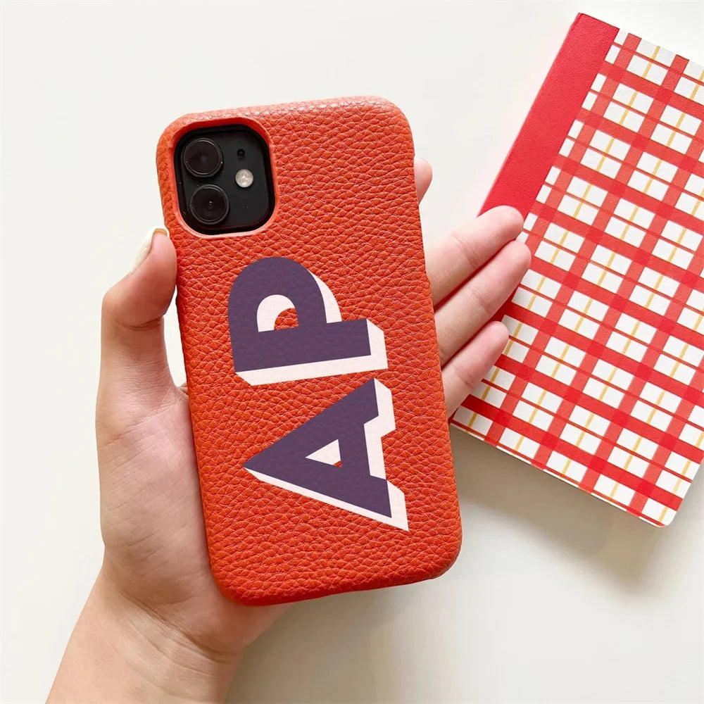 Personalized iPhone Case Monogram Initial Letter Leather Case For iPhone 15 14 13 12 11 Pro Max XS XR 7 8Plus Luxury Phone Cover - Caseverse