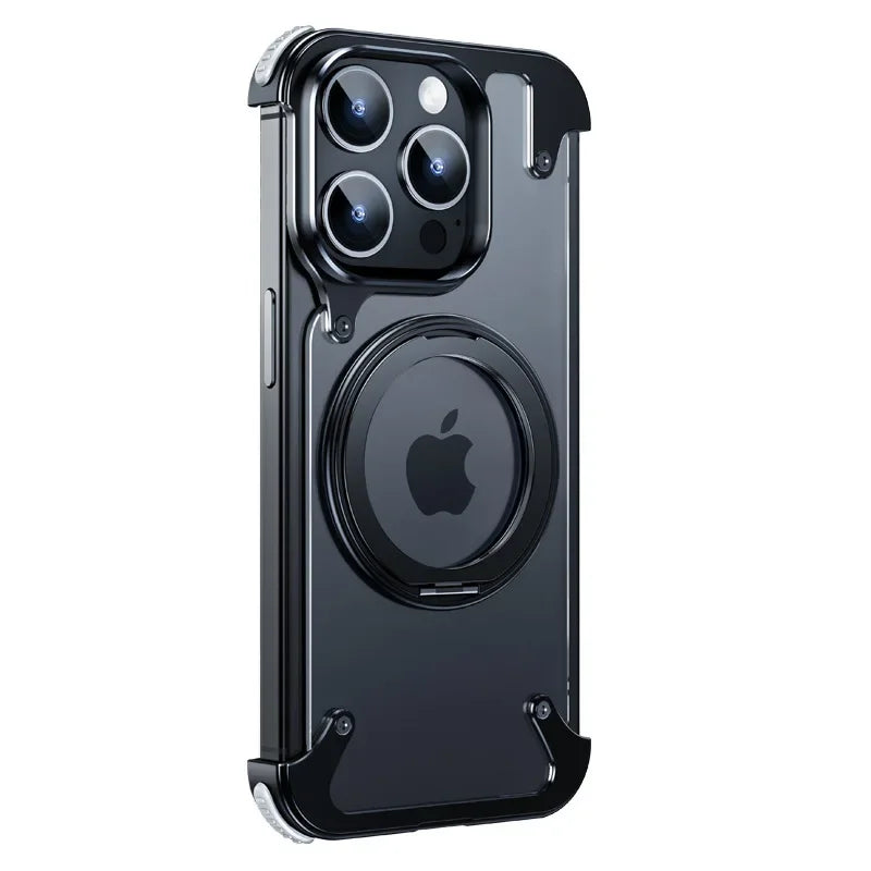 For iPhone 15 Pro Max Case Aluminum Alloy Metal Magnetic Magsafe 360° Rotate Stand Rimless car Phone holder matte leather Cover