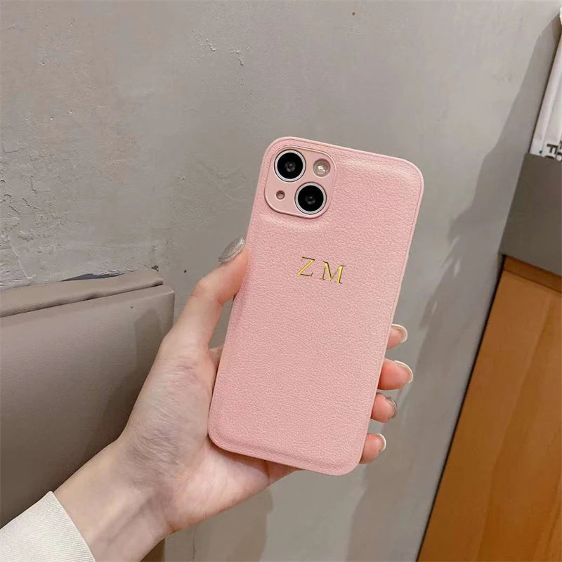 Customized Phone Case For iPhone 16 15 14 13 12 11 Pro Max Plus Personalized Name Initials Letters Luxury Leather DIY Cover 16 - Caseverse