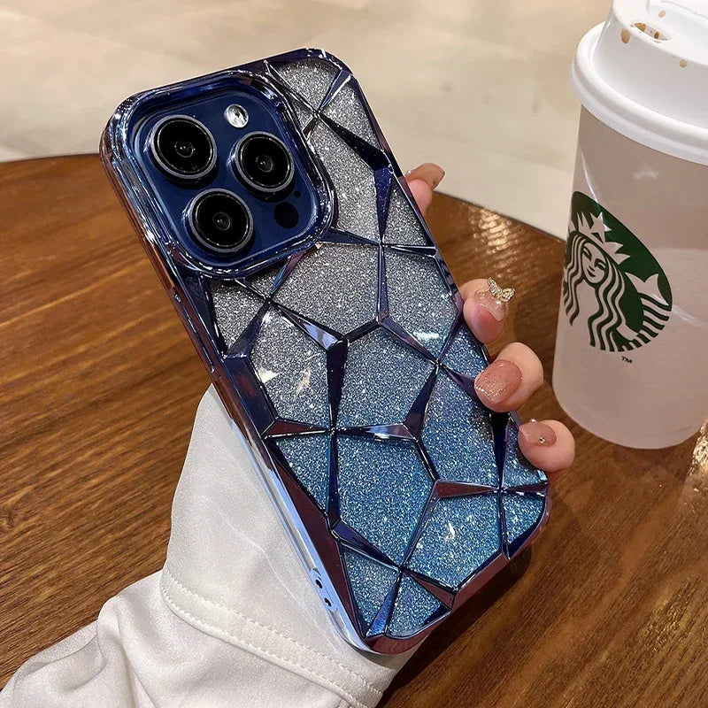Luxury Girl's Phone Case for iPhone 15 14 13 12 11 Pro Max Plus Glitter Bling 3D Cube Diamond Marble Soft TPU Shockproof Cover - Caseverse