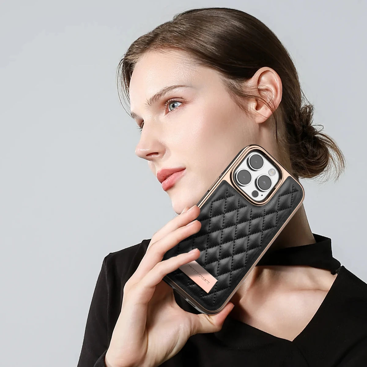 Women'S Faux Leather Phone Case with Argyle Embroidery - Elegant Metal Frame, Shock-Resistant Stylish Cover for Iphone 16 Pro Ma