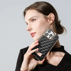 Women'S Faux Leather Phone Case with Argyle Embroidery - Elegant Metal Frame, Shock-Resistant Stylish Cover for Iphone 16 Pro Ma