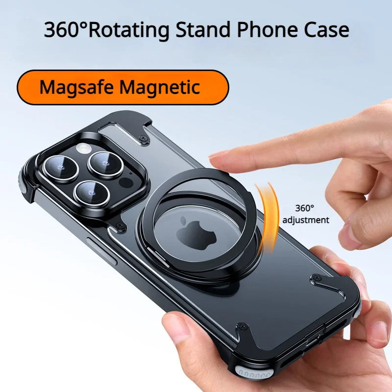 For iPhone 15 Pro Max Case Aluminum Alloy Metal Magnetic Magsafe 360° Rotate Stand Rimless car Phone holder matte leather Cover