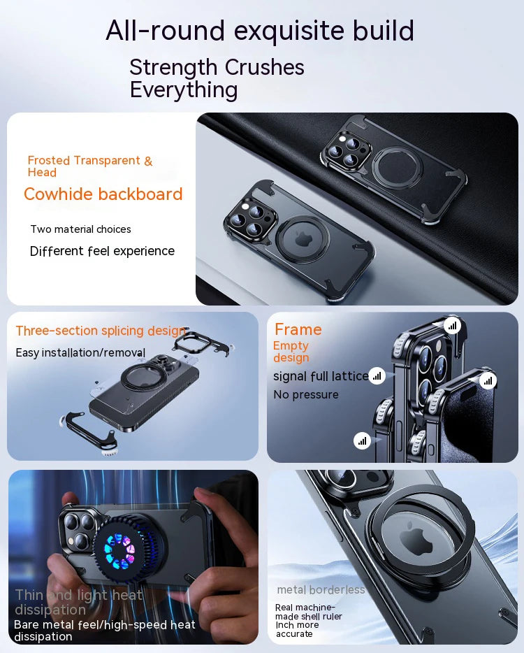 For iPhone 15 Pro Max Case Aluminum Alloy Metal Magnetic Magsafe 360° Rotate Stand Rimless car Phone holder matte leather Cover