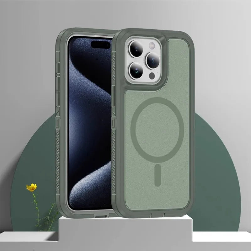 Matte Anti-slip Rugged Armor magnetic phone case for iPhone 15 14 13 12 11 Pro Max magsafe charging shockproof Hybrid hard cover - Caseverse