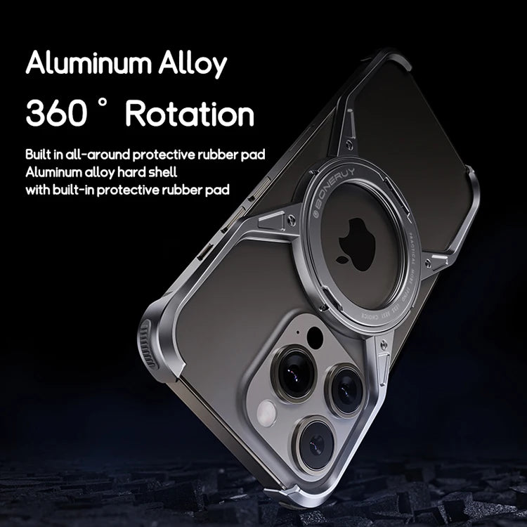 Metal Aluminium Alloy Magnetic Frameless Phone Case For iPhone 14 13 15 Pro Max 360° Stand Rimless Bumper Shockproof Metal Cover