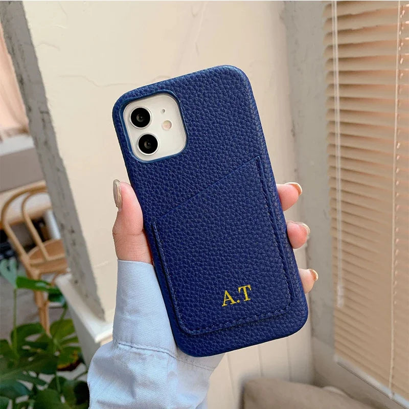Personalized Phone Case with Card Holder Custom Initials Protective Cover iPhone16Promax 11 12 13 14 15Pro Max XS XR Mini - Caseverse